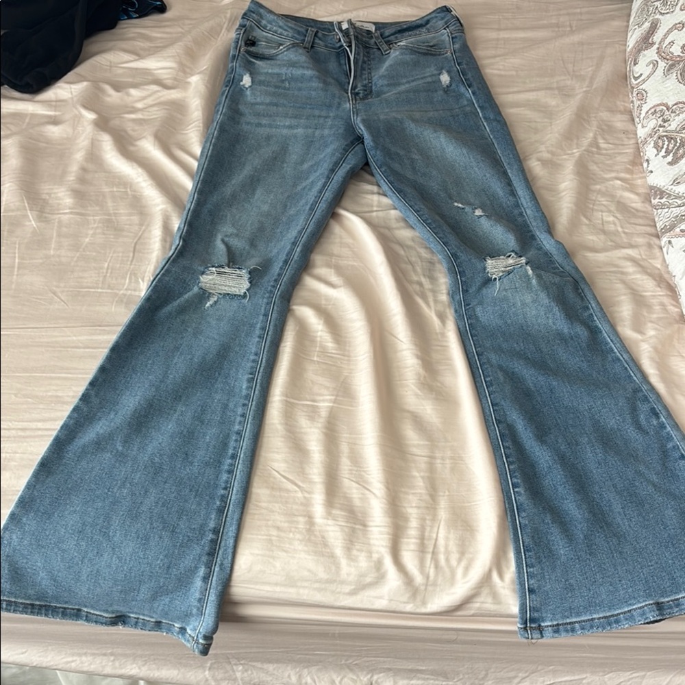 Blue Flare Wide Leg Jeans with Distressed Details